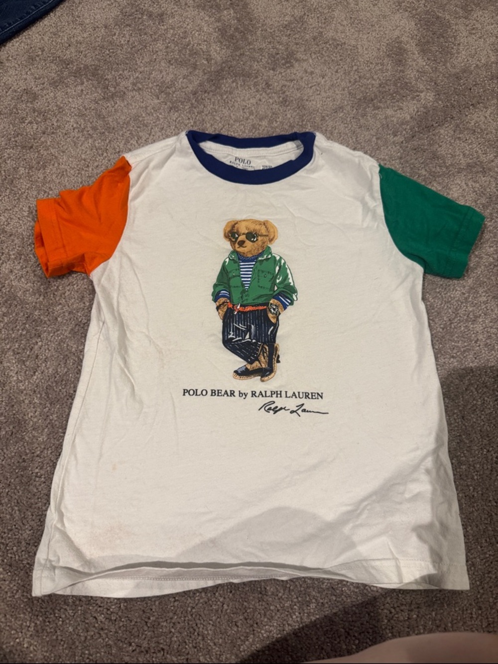 Ralph Lauren Polo Bear Colorblock Tee — White with Green & Orange Sleeves